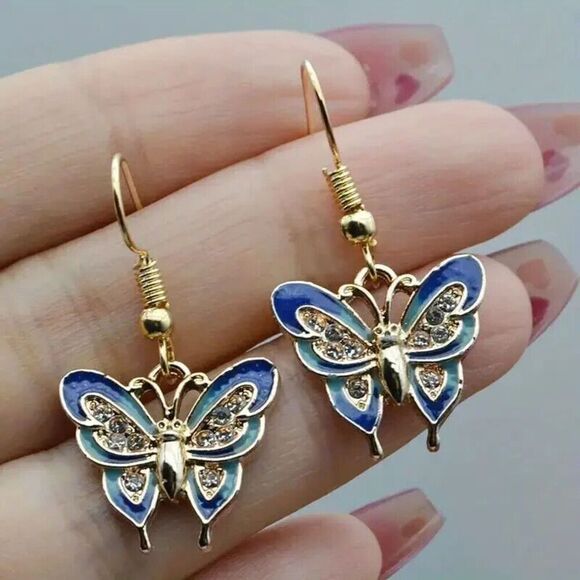Exquisite Blue Enamel Butterfly Design Shiny Zircon Dangle Earrings. - Picture 5 of 5
